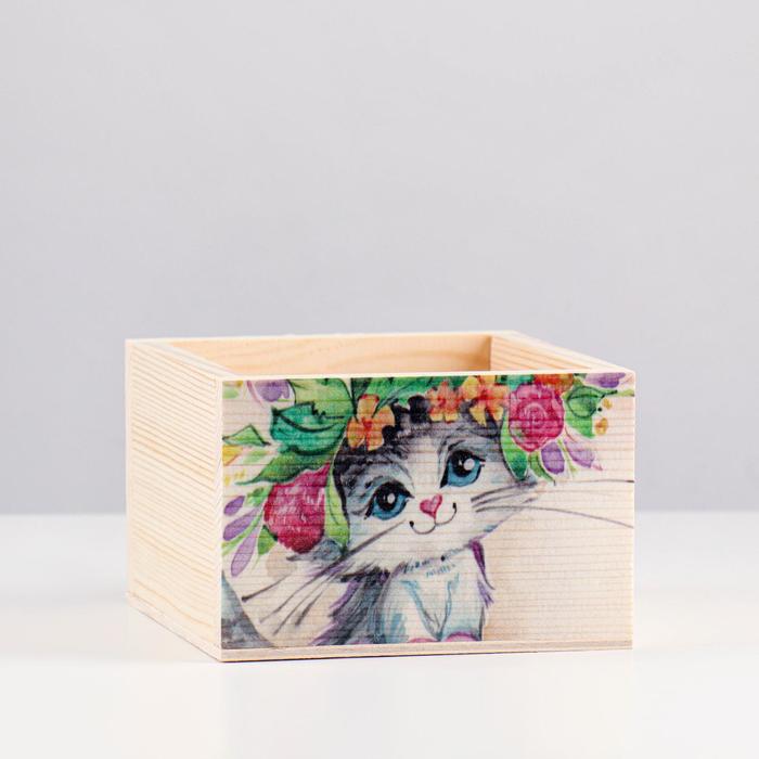 Кашпо деревянное "Котик" 14,5×12,5×8,5 см - фото 1907298018