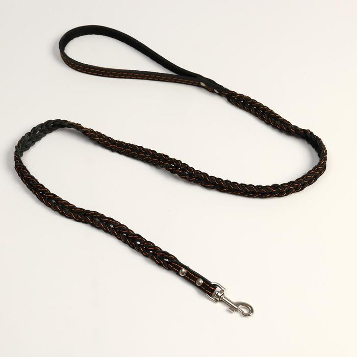 Поводок кожаный плетеный "Коса", 1.25 м х 1.1 см, черный - Фото 1