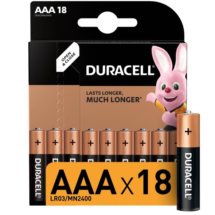 Батарейка алкалиновая Duracell Basic, AAA, LR03-18BL, 1.5В, блистер, 18 шт. - Фото 1
