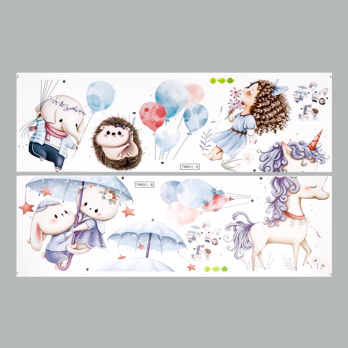 Наклейка интерьерная цветная «Зверята с шариками, зонтиками», 30×90 см, набор 2 листа