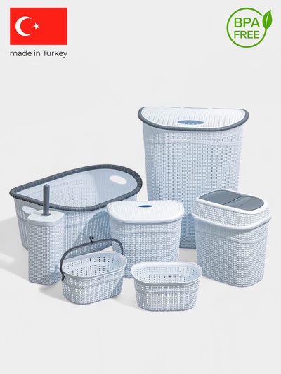 Набор для ванной комнаты, 7 предметов, корзина 4 шт., корзина для белья, ведро для мусора, ёрш, белый