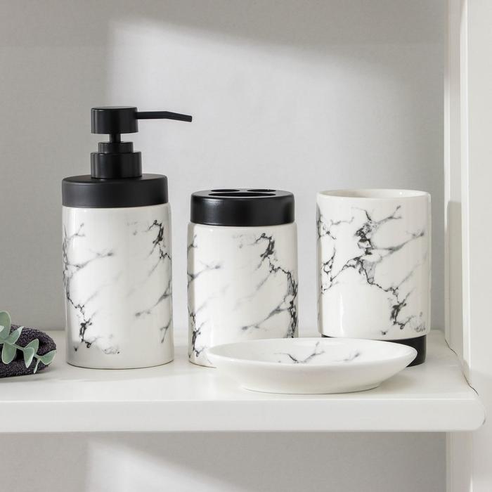 Набор аксессуаров для ванной комнаты «Мраморный металл», 4 предмета (мыльница, дозатор 400 мл, два стакана), цвет белый - фото 1905852900