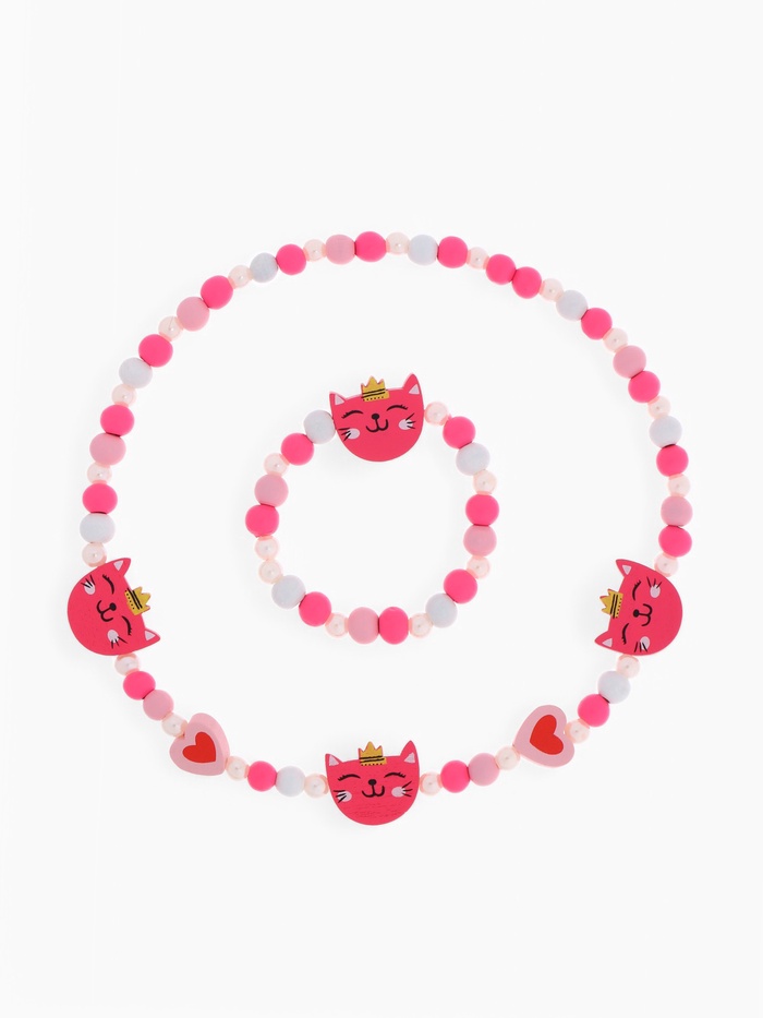Набор детских украшений «Выбражулька. Кошечка в короне», 2 предмета: бусы, браслет, красно-розовый