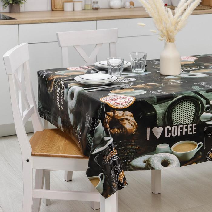 Клеёнка на стол на тканевой основе Доляна «Я люблю кофе», рулон 20 метров, ширина 137 см, общая толщина 0,22 мм, цвет чёрный