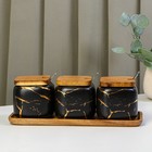 Набор банок керамических с ложками на деревянной подставке «Эстет. Gold», 3 предмета: 400 мл, цвет чёрный - фото 9402826