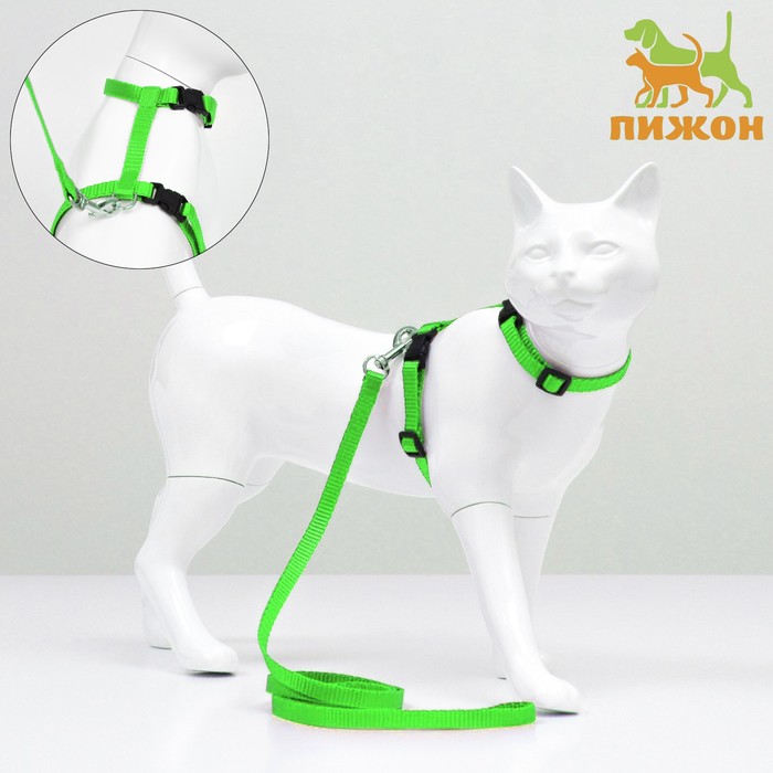 Комплект для кошек, ширина 1 см, ОШ 16,5-27 см, ОГ 21-35 см, поводок 120 см, зелёный - Фото 1