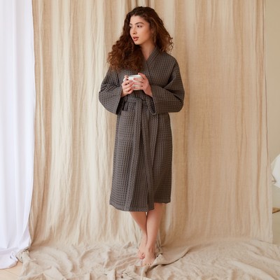 Халат вафельный женский удлинённый Этель «Boho» размер 54-56, цвет светло-серый, 100% хлопок, 290 г/м²