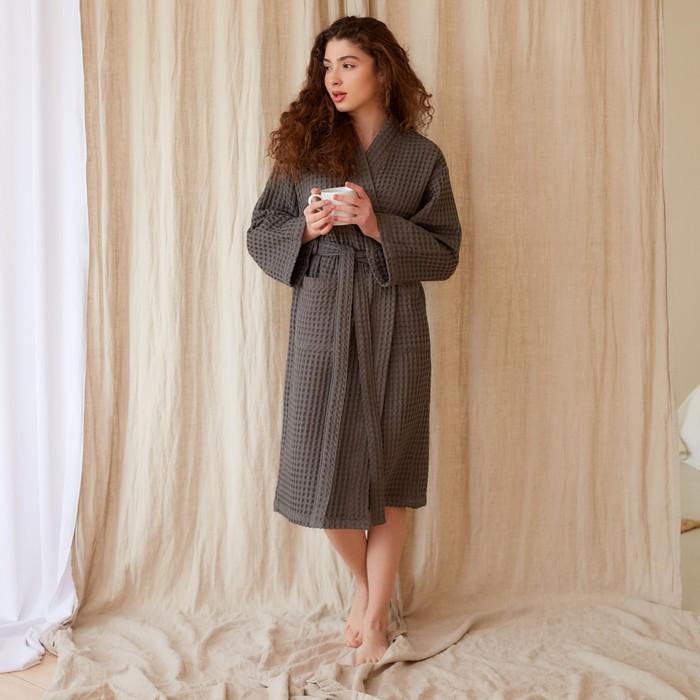 Халат вафельный женский удлинённый «Этель» Boho, размер 54-56, светло-серый, хлопок, 290 г/м² - Фото 1