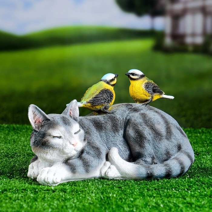 Садовая фигура "Кошка лежащая с птичками" 17х27х17см - фото 1907302137