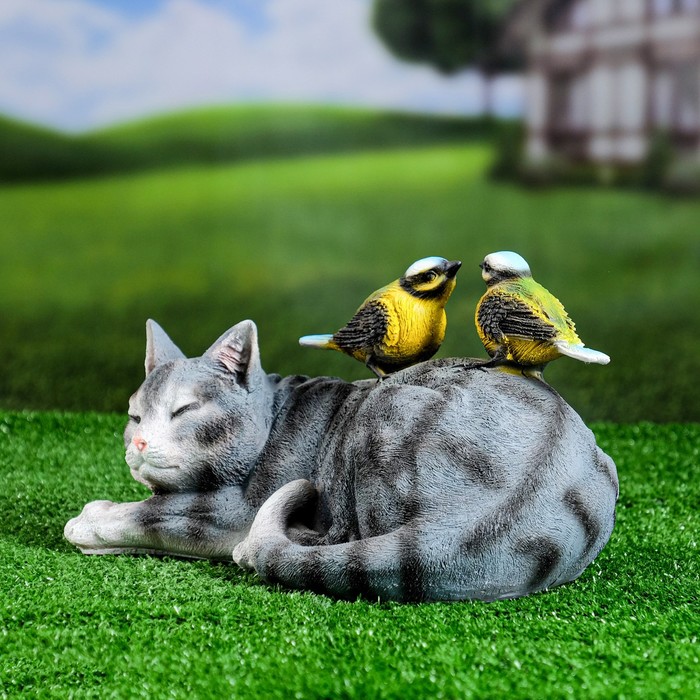 Садовая фигура "Кошка лежащая с птичками" 17х27х17см - фото 1907302140