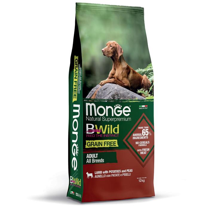 Беззерновой корм Monge Dog BWild GRAIN FREE для собак, ягненок/картофель/горох, 12 кг - Фото 1