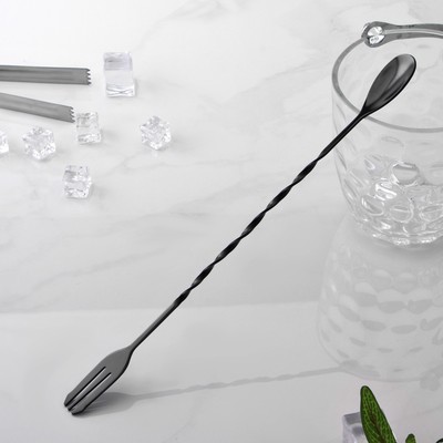 Ложка барная из нержавеющей стали с вилкой, длина 32,5 см, цвет чёрный