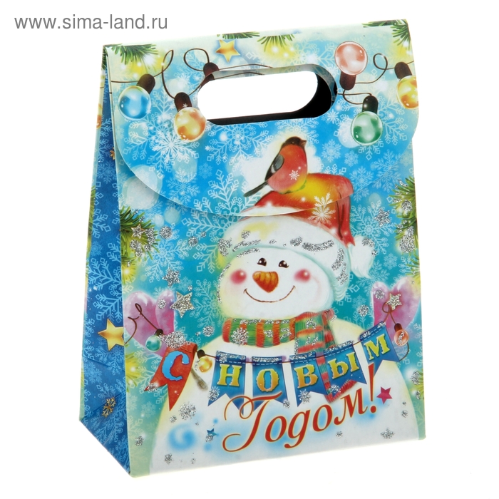 Пакет подарочный (блестки) «Снеговики», 12 × 16 см