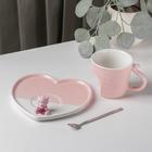 Кофейная пара керамическая «Мишка с сердцем», 3 предмета: кружка 200 мл, блюдце 15,5×15×8 см, ложка, цвет розовый - Фото 2