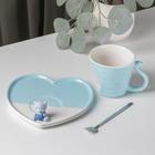 Кофейная пара керамическая «Мишка с сердцем», 3 предмета: кружка 200 мл, блюдце 15,5×15×8 см, ложка, цвет голубой - Фото 2
