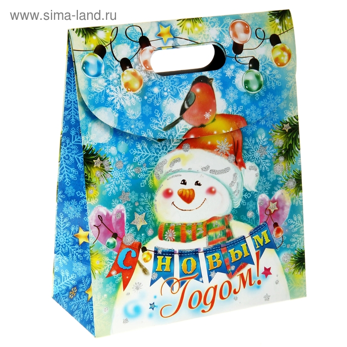 Пакет подарочный (блестки) «Снеговики», 26 × 32 см