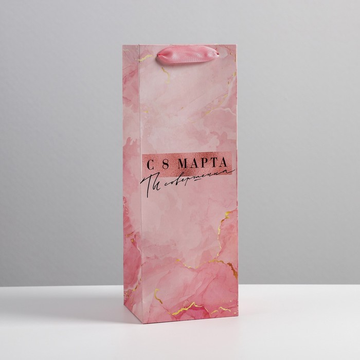 Пакет подарочный под бутылку, упаковка, «Мрамор», 13 х 35 х 10 см - Фото 1