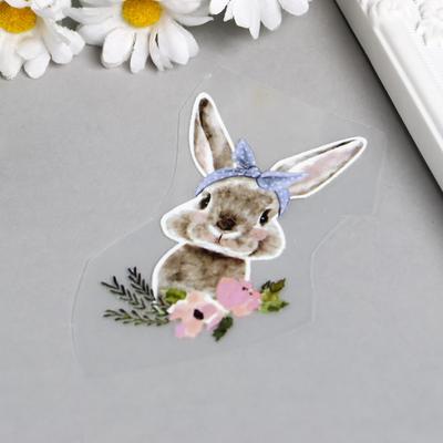 Термонаклейка "Зайка в повязке в горошек, с анемонами" 8х4,7 см