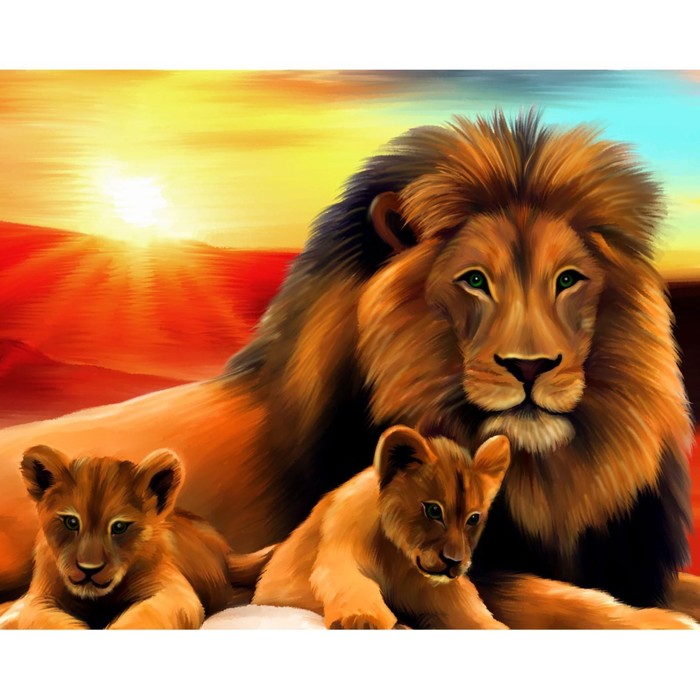 Алмазная мозаика с полным заполнением «Лев и львята» 50х60 см - Фото 1