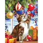 Алмазная мозаика на новый год с частичным заполнением на подрамнике «Котик у ёлки», 30 х 40 см, набор для творчества - фото 6928214