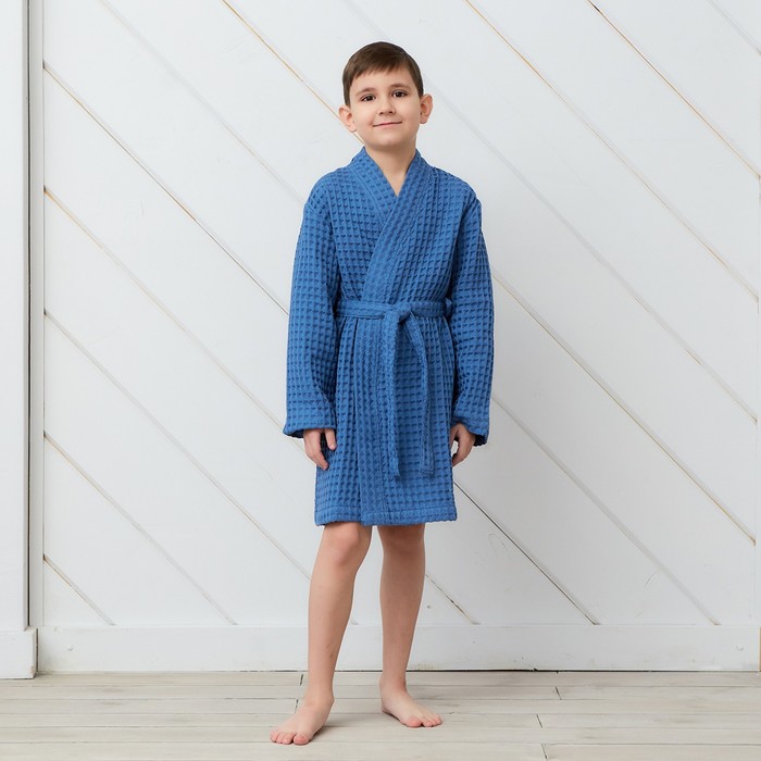 Халат вафельный детский Крошка Я "Boho" р.34 (122-128 см) цв. синий, 100%хл, 290 г/м2