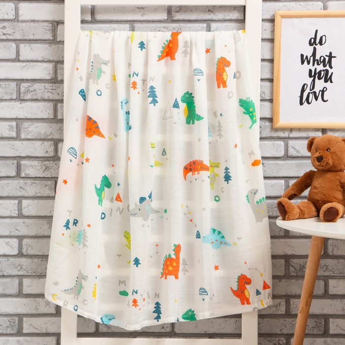 Пелёнка муслиновая Крошка Я «Дино» 120×110 см, двухслойная, 70% бамбук, 30% хлопок - Фото 1