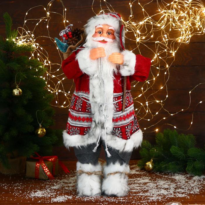 Дед Мороз "В красной шубке с орнаментом, с подарками" 60 см - фото 1908765727