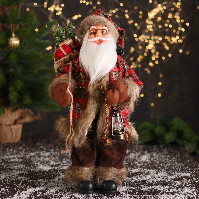 Дед Мороз &quot;В красной клетчатой шубке, с фонариком и веточками&quot; 45 см