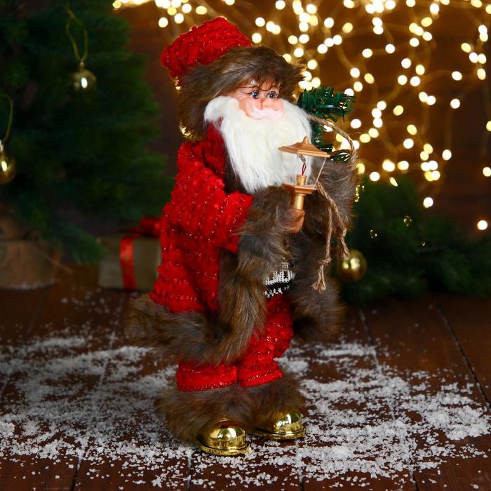 Дед Мороз "В свитере и шубке с коричневым мехом" двигается, фонарь светится, 15х35 см - фото 1908766210