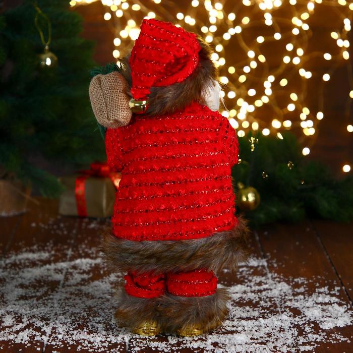 Дед Мороз "В свитере и шубке с коричневым мехом" двигается, фонарь светится, 15х35 см - фото 1908766212