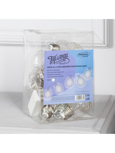 Гирлянда «Нить» 3 м с насадками «Лампочки шары», IP20, прозрачная нить, 80 LED, свечение белое, 8 режимов, 220 В
