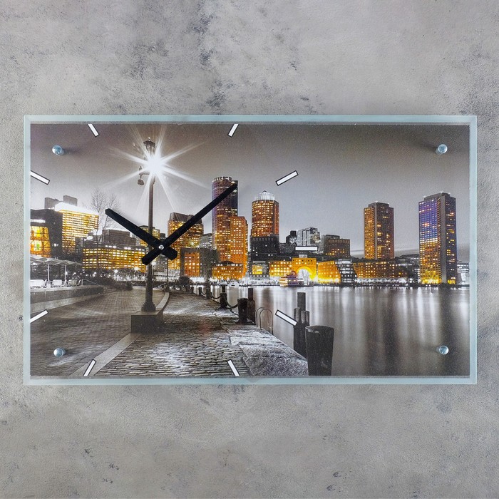 Часы настенные, серия: Город, "Ночной город и архитектура", стекло, 35х60 см