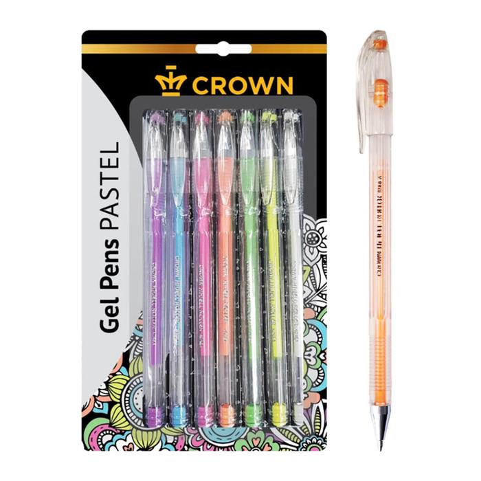 Набор гелевых ручек 0.8 мм, 7 цветов, Crown Hi-Jell Pastel, блистер - Фото 1