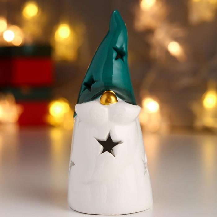 Сувенир керамика свет "Дедушка Мороз, зелёный колпак, золотой нос, звёзды" 12,5х5,5х5,5 см - Фото 1