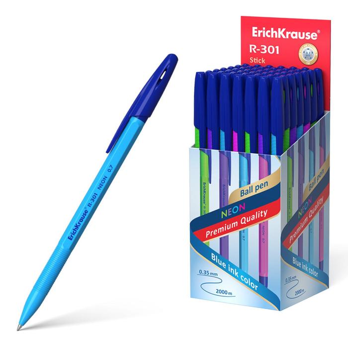 Ручка шариковая ErichKrause R-301 Neon Stick, узел 0.7 мм, чернила синие, длина письма 2000 метров, микс - Фото 1