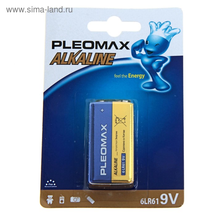 Батарейка алкалиновая Pleomax, 6LR61-1BL, 9В, крона, блистер, 1 шт. - Фото 1