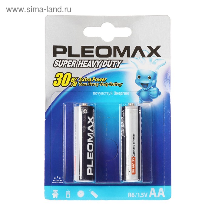 Батарейка солевая Pleomax Super Heavy Duty, AA, R6-2BL, 1.5В, блистер, 2 шт. - Фото 1