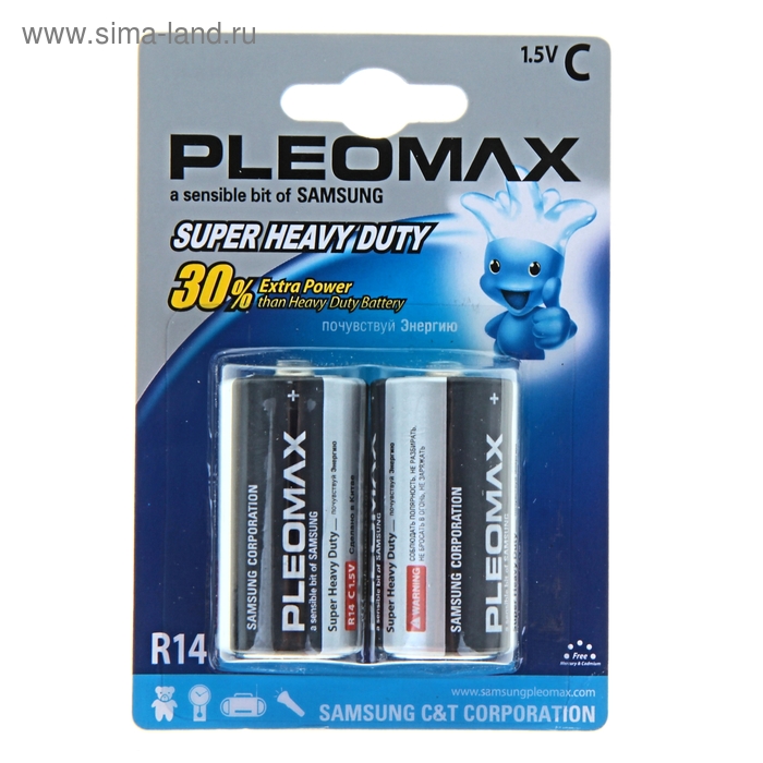 Батарейка солевая Pleomax Super Heavy Duty, С, R14-2BL, 1.5В, блистер, 2 шт. - Фото 1