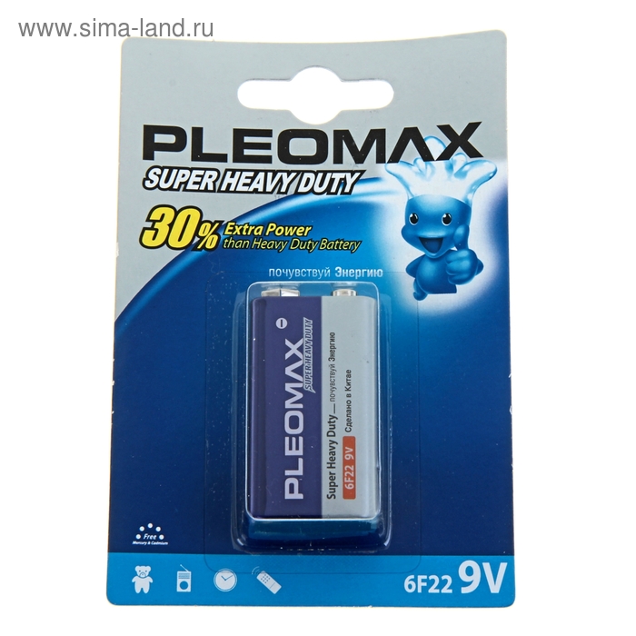 Батарейка солевая Pleomax Super Heavy Duty, 6F22-1BL, 9В, крона, блистер, 1 шт. - Фото 1