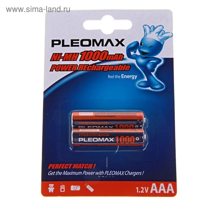 Аккумулятор Pleomax, Ni-Mh, AAA, HR03-2BL, 1.2В, 1000 мАч, блистер, 2 шт. - Фото 1