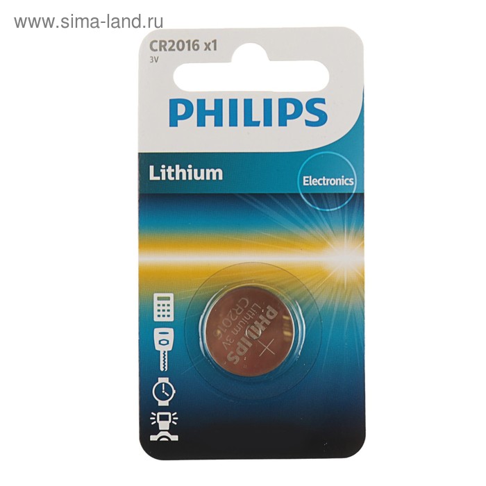 Батарейка литиевая Philips, CR2016-1BL, 3В, блистер, 1 шт. - Фото 1