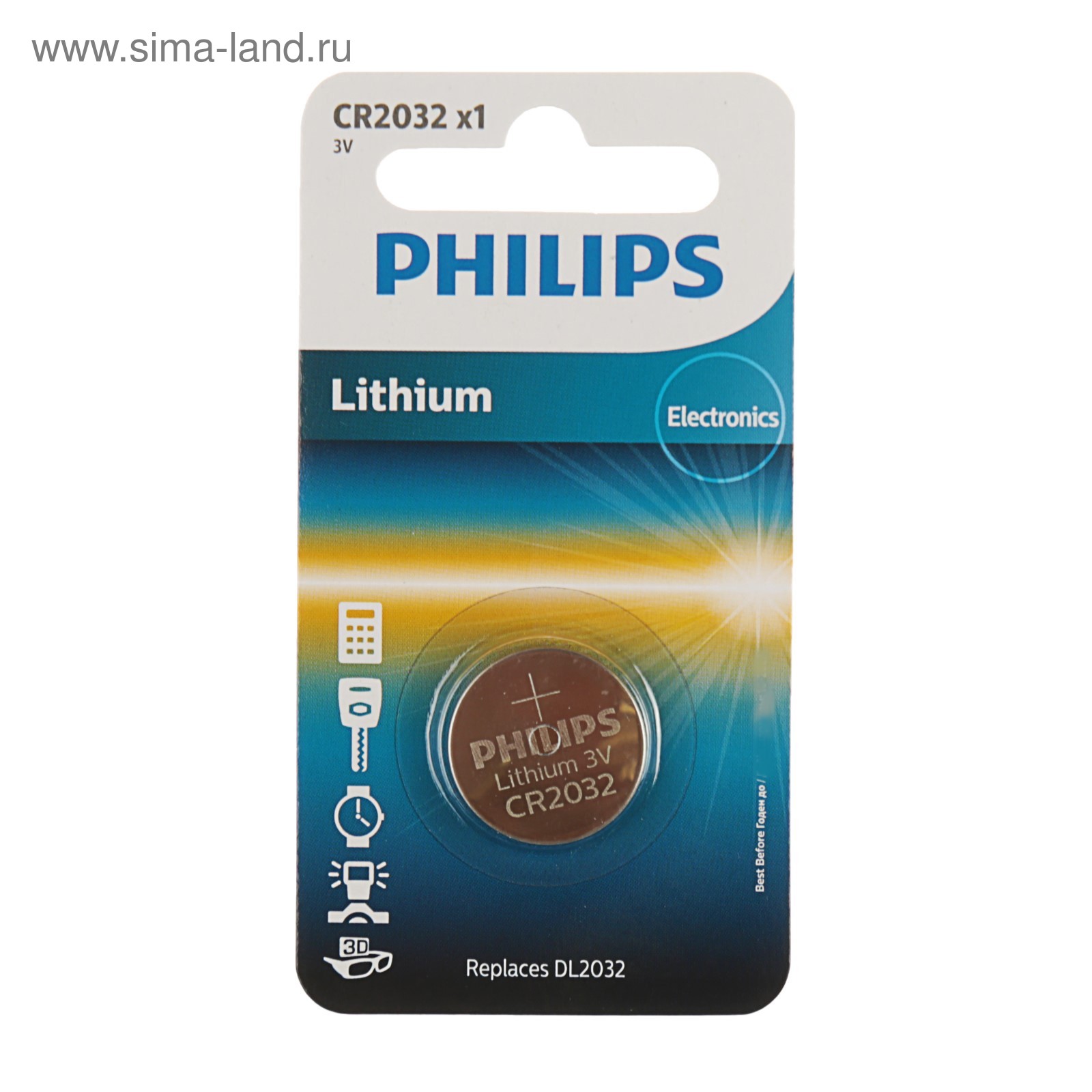 Батарейка литиевая Philips, CR2032-1BL, 3В, блистер, 1 шт. (824071) -  Купить по цене от 70.00 руб. | Интернет магазин SIMA-LAND.RU