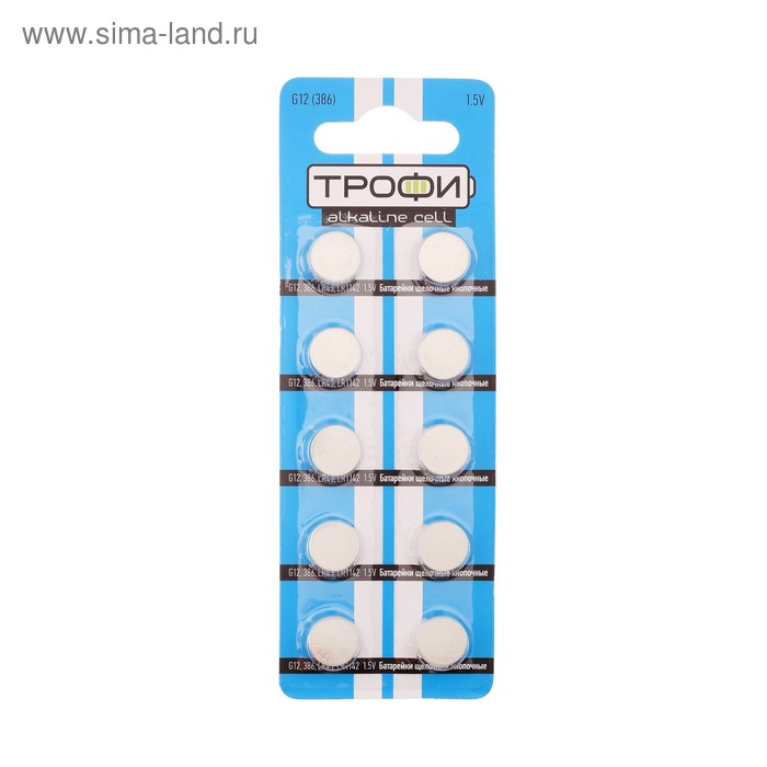 Батарейка алкалиновая "Трофи" Alkaline Cell, G12 (386, LR1142, LR43)-10BL,1.5В,блистер,10 шт. - Фото 1