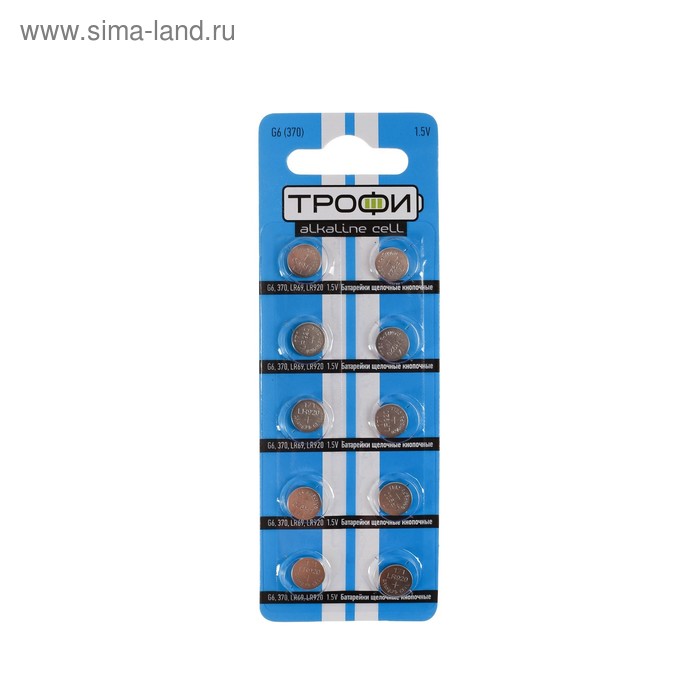 Батарейка алкалиновая "Трофи" Alkaline Cell, G6 (370, LR920, LR69)-10BL, 1.5В, блистер,10 шт. - Фото 1