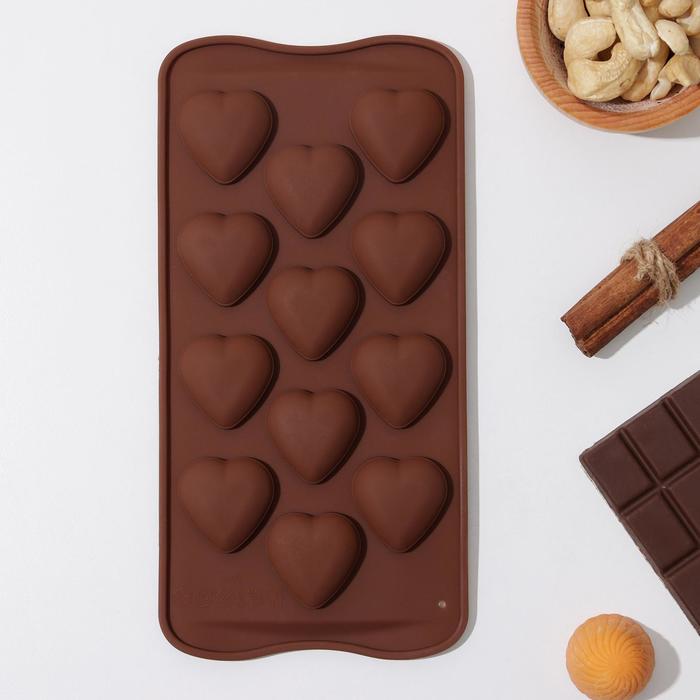 Форма для шоколада Доляна «Сердечки», силикон, 21×10,5×1,5 см, 12 ячеек, цвет коричневый - Фото 1