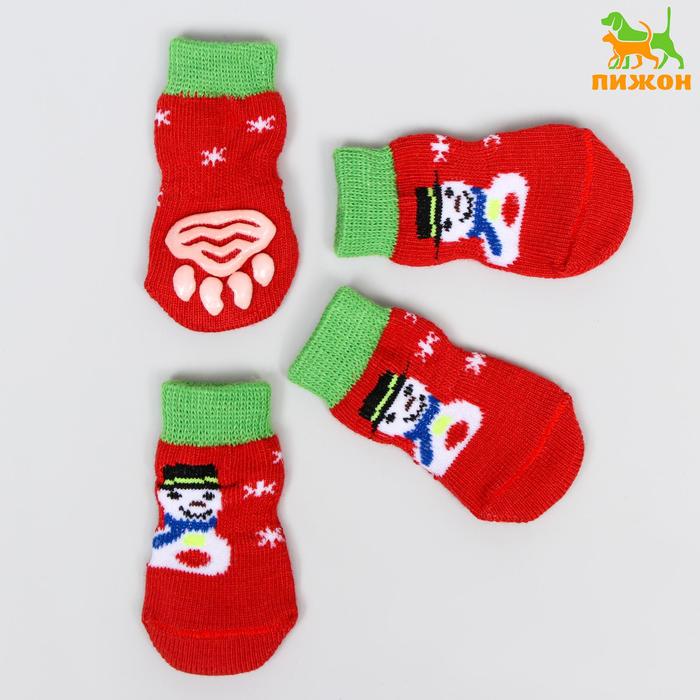 Носки нескользящие "Снеговики", S (2,5/3,5 * 6 см), набор 4 шт, красные - Фото 1