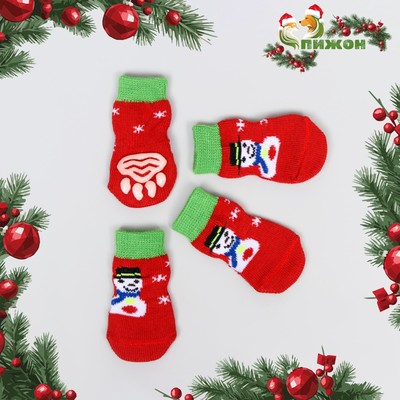 Носки нескользящие для животных «Снеговики», L (3.5/5×8 см), набор 4 шт., красные