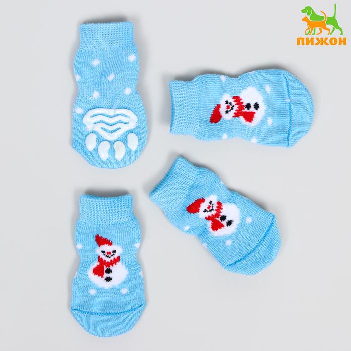 Носки нескользящие "Снеговики", S (2,5/3,5 * 6 см), набор 4 шт, голубые - Фото 1