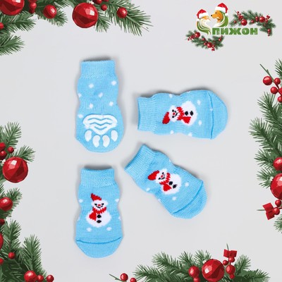 Носки нескользящие для животных «Снеговики», M (3/4×7 см), набор 4 шт., голубые