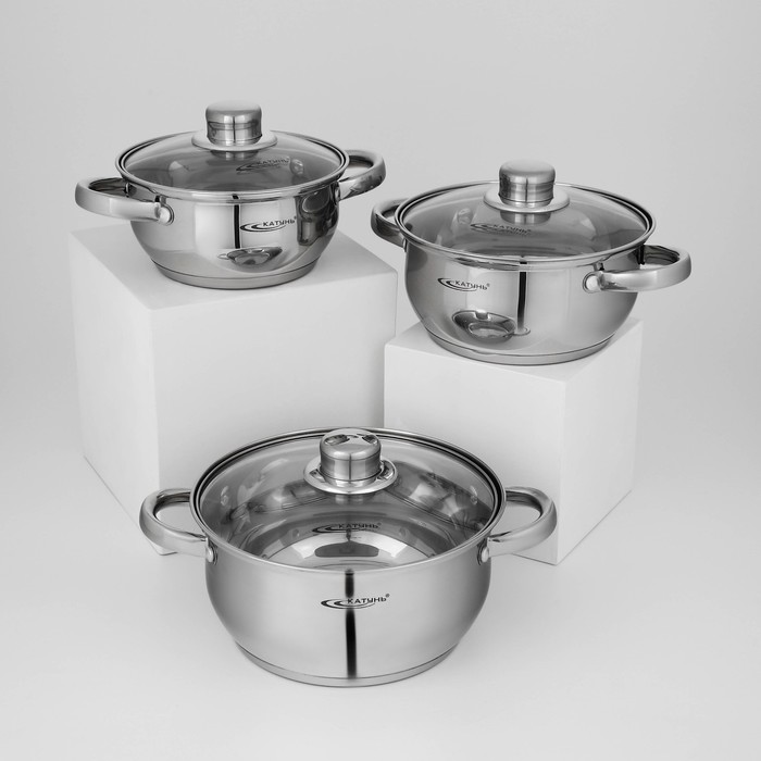 Набор кастрюль «Гретта», 3 предмета: 1.6 л, 2.2 л, 3.2 л, капсульное дно, индукция, нержавеющая сталь, AISI - 201 - Фото 1